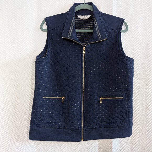 Allison Daley Petite Navy Blue Quilted Vest with Gold Zipper and Trim Size Large - Picture 3 of 12
